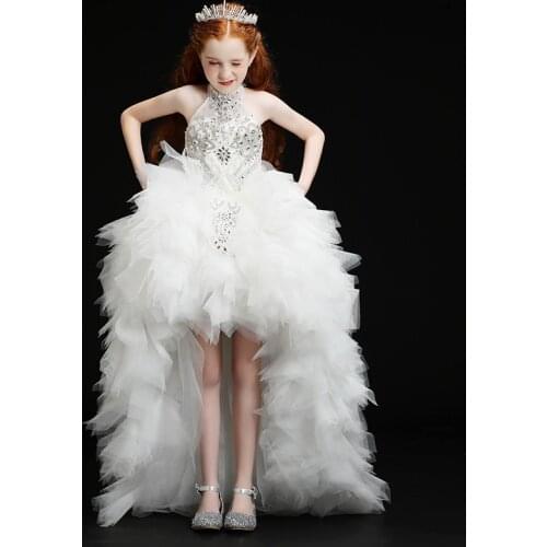 Flower Girl Elegant Dress with Trailing Kids White Pageant Wedding Gown For Children Girls First Communion Dresses