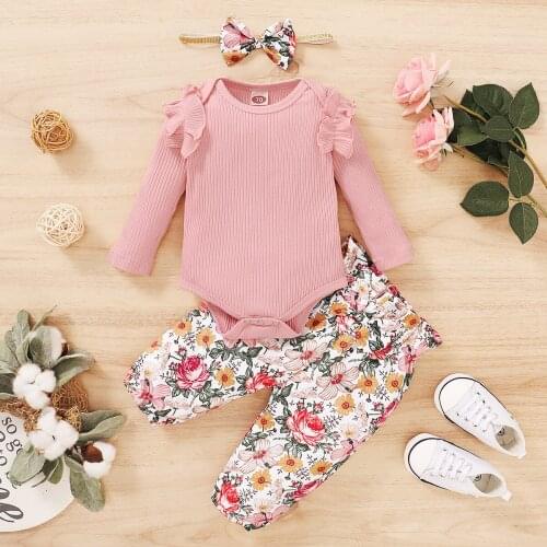 3pcs Fall Winter Newborn Baby Girls Clothes Lounge Set Long Sleeve Top Floral Pants Headband 6 12 18 Month Kids Children Pitted