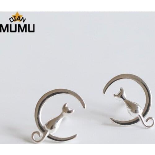 Korean Silver Simple Animal Earrings Cut Litter Cat Moon Stud Earrings Jewelry For Girl Lady Gifts Fashion Statement Earrings
