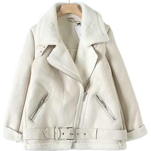 NEWDISCVRY Women Beige Fur Faux Leather Jacket Coat With Belt Turn Down Collar Ladies 2021 Winter Thick Warm Oversized Coat