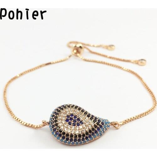 Fashion Rose Gold Color 20*15mm Hamsa Fatima Hand Blue Turkey Evil Eye Charms for Women Charms Adjustable Bracelets CZ jewelry
