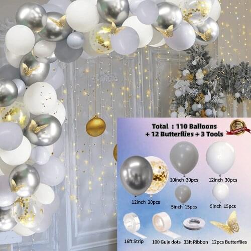 125 Pieces Of White And Silver Metal Balloon Garland Set Golden Butterfly Wedding Baby Shower Engagement Birthday Holiday Party