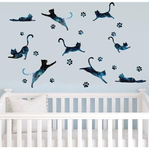 Universe Cat Wall Stickers Blue Cat Footprint DIY Wall Art Decal Decoration Vinyl Wall Decals Sticker for Kids Room Home Decor
