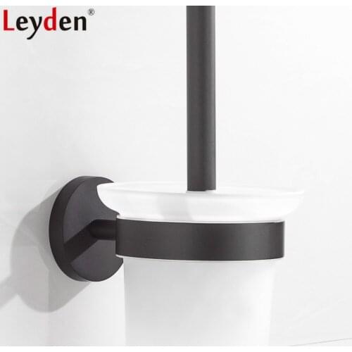 Leyden Blackened Finish Wall Mounted 304 Stainless Steel Toilet Brush Holder With Glass Cup Durable Bathroom Accessories