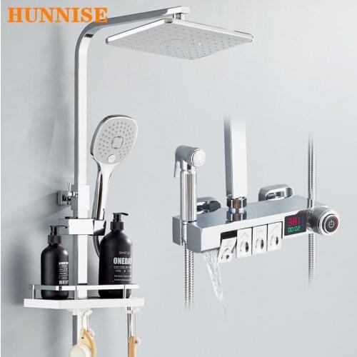 Press Handle Piano Thermostatic Bathroom Shower Set Quality Brass Waterfall Bath Mixer Faucets LED Chrome Digital Shower System