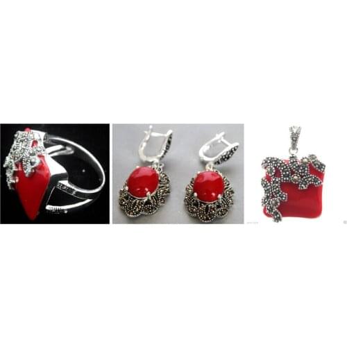 NEW Fashion designed Red Carved Lacquer Marcasite 925 Sterling Oval Ring(#7-10) Earrings & Pandent jewelry sets