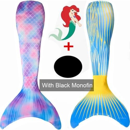 NEW! Kids Mermaid Tails With Black Monofin Swimwear Summer Dress Swimmable Suit Mermaid Costume 2PCS Tails with Black Monofin
