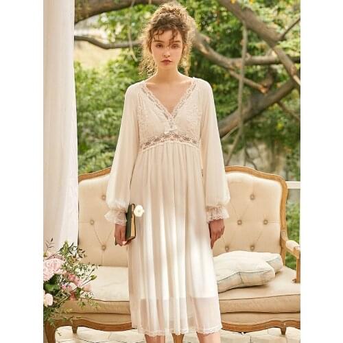New Vintage Cotton Womens Long Nightgowns Long Sleeve Sweet White Lace Princess Royal Sleepwear Deep V-Neck Sexy Night Dress