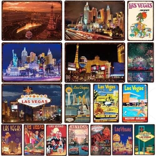 Pub Bar Sign Travel Art Metal Sign Vintage Landscape Poster Metal Decor Sign Las Vegas City View Metal Tin For Living Room