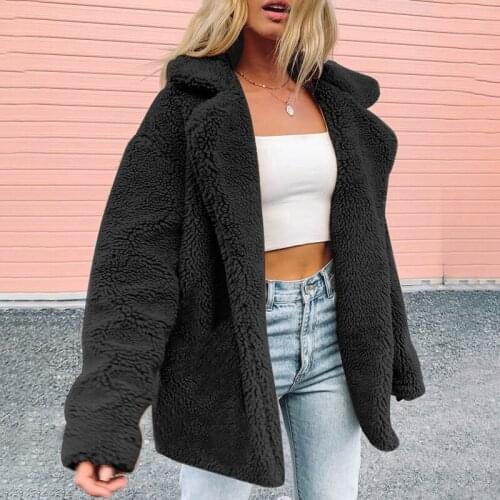 Women Fashion Faux Fur Coat Jacket Warm Fleece Long Sleeve Notched Lapel Collar Solid Vintage Furry Casual Long Overcoat Outwear