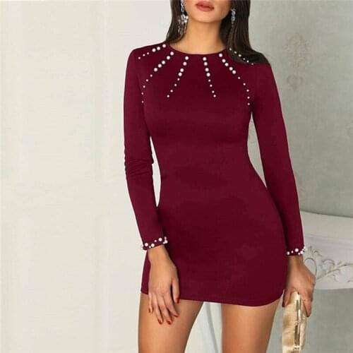 Slim Dresses Women Sexy Winter Autumn Long Sleeve Slim Bodycon Dress Beading Solid Elegant Female Party Dress