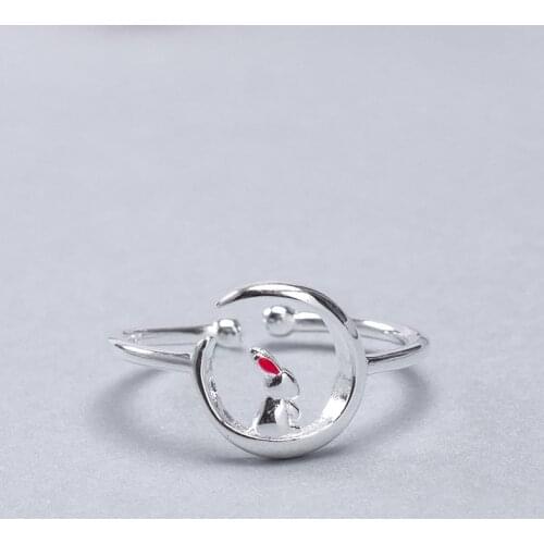 Real 925 Sterling Silver open Ring Cute Moon Rabbit Open Adjustable Ring Female Animal Design Element Mirror Polished Bracelet