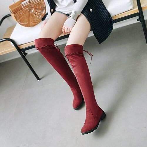 High Tube Suede Rider Boots Low Heel Flat Over The Knee Short Plush Womens Boots With Non-Slip Thick Heel Boots Red wine