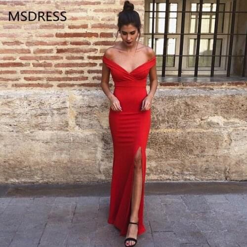 Sexy Off-the-Shoulder Floor Length Red Prom Party Dress with Split Simple Long Evening Dress