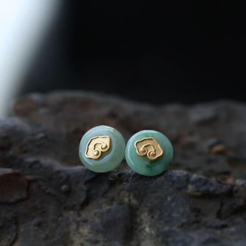 [Longevity Lock] Thai Silver 925 Sterling Silver Handmade Ornament Inlaid Emerald Retro Mens and Womens Earrings Ear Studs