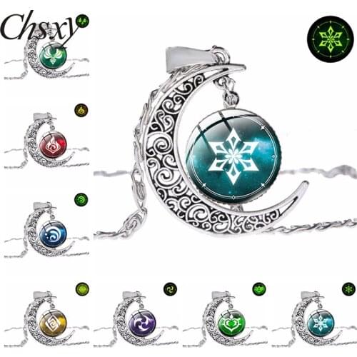 Anime Genshin Impact Luminous Necklace Silver Color Eye of God Crescent Moon Pendant Necklace Chain Unisex New Design Jewelry