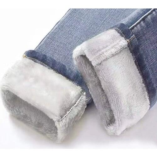 Warm Jeans Pants For Women Plus Size Winter Blue Light blue Solid Skinny Fleeces Thick Pencil Pants with Velvet Denim Trousers