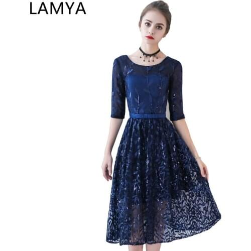LAMYA Vintage Short Blue Prom Dresses With Half Sleeve 2019 A Line Banquet Evening Dress Women Sequined Formal Gown Party Gown