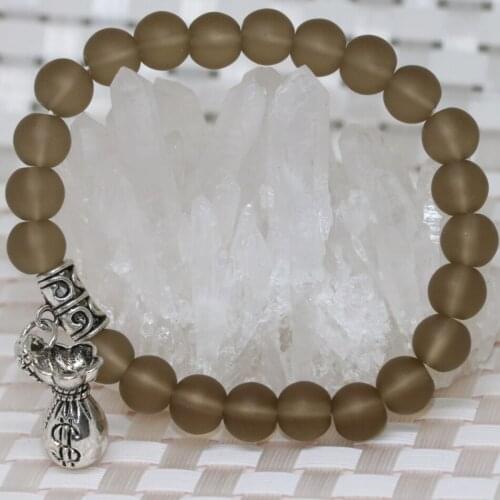 High quality original design money bag pendant charms frosted matte gray crystal beads bracelets 8mm round jewelry 7.5inch B2191
