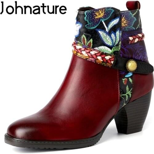 Johnature Ankle Boots For Women Shoes Genuine Leather Zip Winter Embroidery Cloth Mixed Colors Handmade Vintage Platform Boots