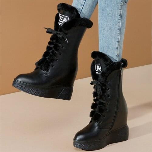 Winter Creepers Women Lace Up Genuine Leather Wedges High Heel Ankle Boots Female Warm Rabbit Fur Fashion Sneakers Casual Shoes