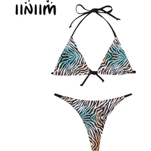 Women 2021 Summer Micro Bikini Swimwear Fashion Stripe Sexy Bra Set Swimsuit Swimwear Bathing Suit Halter lace-up Bra with Thong