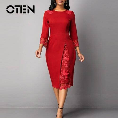 OTEN Lace Patchwork Plus Size Women Dresses Embroidery 3/4 Sleeves Solid Color Elegant Midi Party 2019 Autumn Pencil O-Neck