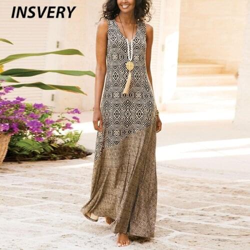 Vintage Print Dress Plus Size Sleeveless V Neck Fashion Summer Long Dress Women Elegant Beach Party Dresses For Women 2021