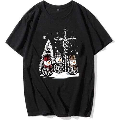 2020 Christmas Clothes Three Snowman Print Funny T Shirt Women Short Sleeve Christmas Party Graphic Tees&Tops Ladies O Neck