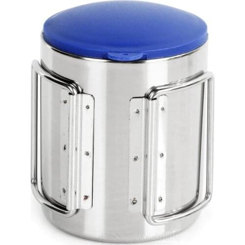 220ml Portable Outdoor Camping Double Layer Stainless Steel Water Cup with Cover and Folding Handle Camp Mug Tableware