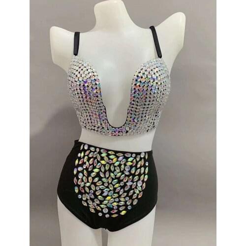 Shining Deep V Rhinestone Bikini Outfit Sets Women Stretch Crystal Bra + Shorts Stage Costumes Nightclub Party DJ Dancer Clothes