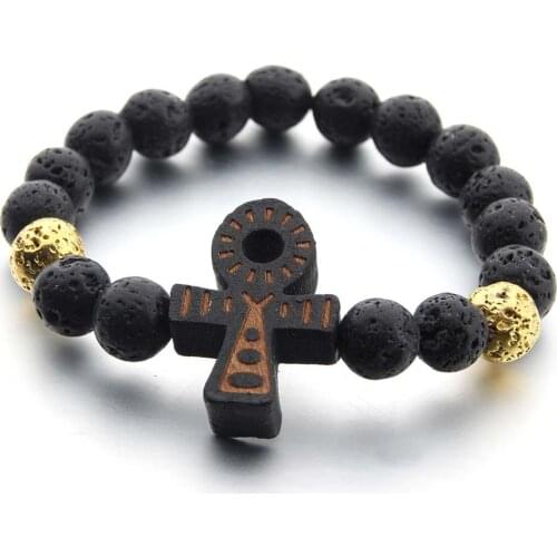 Trendy Jesus Wood Cross Charm Bracelet for Men Black Natural Volcanic Lava Stone 10mm Beads Bracelets Bangles Yoga Jewelry