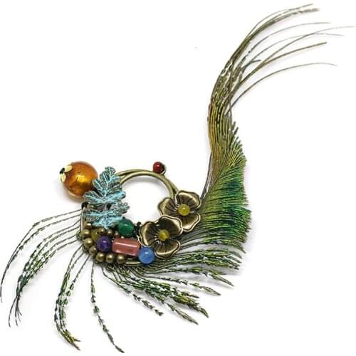 Ethnic Peacock Feather Brooch Bronze Metal Flower Chinese Style Colorful Bead Brooches Ethnic Accessories Women Ornament