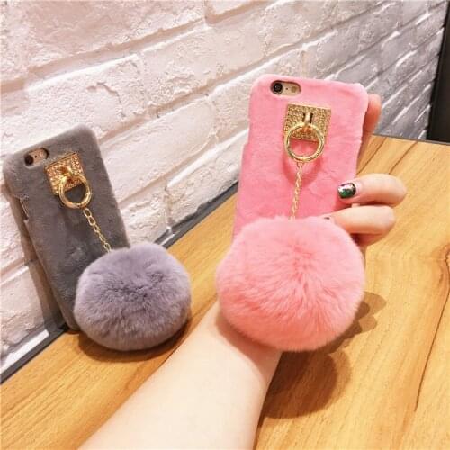 For Iphone 6 6S 6 Plus 6S Plus 7 7 Plus Cases Bling Rabbit Diamond Candy Color Phone Hard Cover With Fashion Fur Ball Phone Case