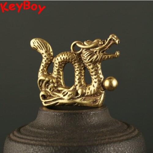 Pure Brass Dragon Car Keychain Pendant Ornaments Antique Copper Solid 12 Zoadic Animal Dragon Pendants Decoration Key Chain Ring