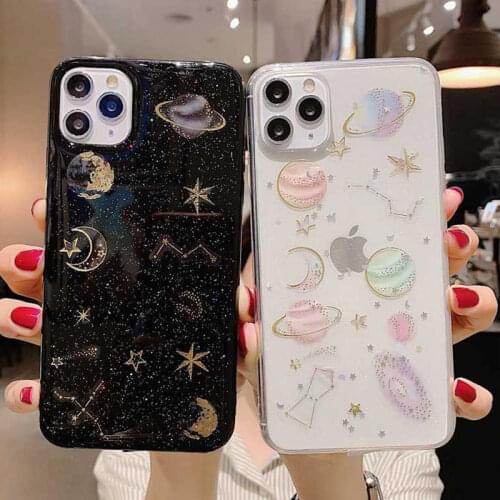 Epoxy Phone Case For iPhone 12 12Pro 11 11 Pro Max XR XS Max X 7 8 Plus X SE 2020 Glitter Planet Star Transparent TPU Back Cover