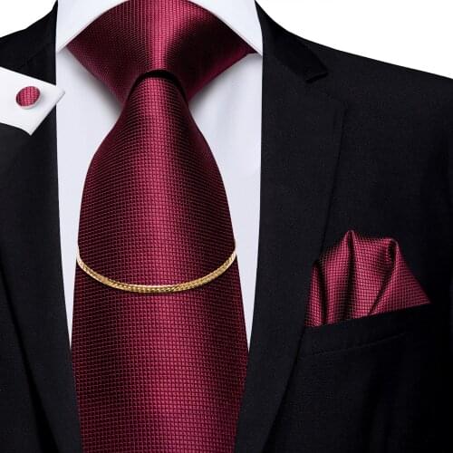 Hi-Tie Wine Red Luxury Silk Mens Ties Handkerchief Cufflinks Set With Tie Chain Fashion Ties for Men Classic Business