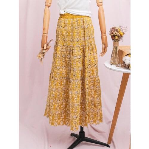 Jastie Bohemian Floral Embroidered Skirts Women Hollow Cotton Elastic Waist A-Line Midi Skirt Boho 2021 Autumn femme faldas