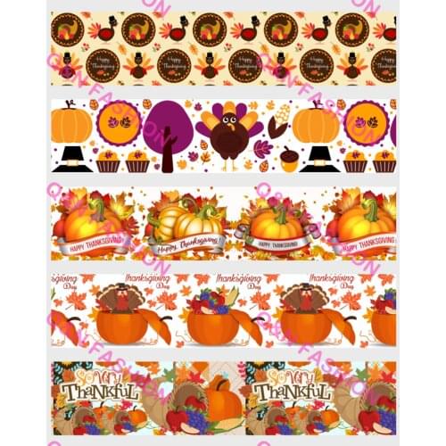 16mm~75mm Thanksgiving Turkey Pumpkin Printed Grosgrain Ribbon for Hairbows DIY Material Craft Supplies Holiday Decorations