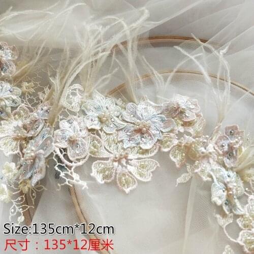 Candy Color Feather Sequin Beaded Embroidery Lace Trim Drill Lace Patch Applique DIY Wedding Dress Clothes Accessorie