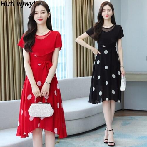 Summer Chiffon Black Dot Boho Beach Dress 2021 Korean Plus Size Vintage Sexy Midi Sundress Women Bodycon Party Elegant Vestidos