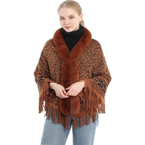 Faux Fur Leopard Shawl Ponchos Tassel and Pearl Ponchos Autumn Winter knitted Ponchos