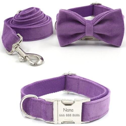 Personalized Dog Collar Velvet Engraving ID Tag Custom Collars and Leash Set for Small Medium Large Dogs Bowtie Collar Lead Rope