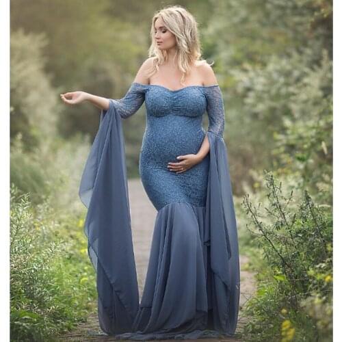 Maternity Dress for Photo Shoot Maxi Mermaid Maternity Gown Long Sleeves Lace Stitching Fancy Women Maternity Photography Props