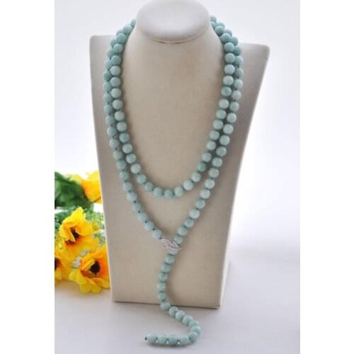S2452 48" 10mm Aquamarine Jade Round Bead Necklace CZ Leaf