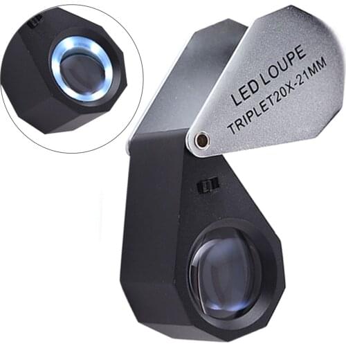 20x Foldable Pocket-sized Loupe Magnifier with 21mm Optical Glass Lens + 6 LED Lights Triplet Lens Achromatic BLack Frame Design