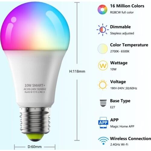 E27 Smart Led Bulb 10W 220V RGB Corlorful Dimmable WiFi Light Bulb Timer Function Remote Controller Lamp Work with Alexa
