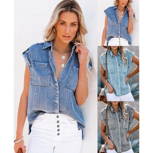 2021 Women’s Denim Shirt Short Sleeve Blouse Jean Jacket Female Loose Denim Coat Clothes Oversized Boyfriend Casual Streetwear