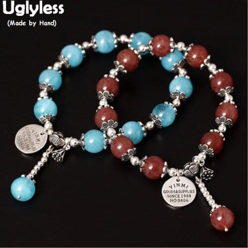 Uglyless 100% Real 925 Sterling Silver Charms Medal Bracelets for Women Elastic Rope Gemstones Beading Bracelet Lotus Tassels