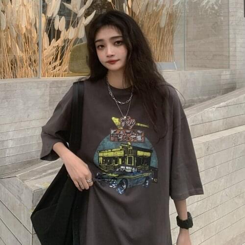 Womens T-shirts Tops Japanese Kawaii Ladies Ulzzang Retro Lazy Car Print Loose Tshirt Female Korean Harajuku Clothes For Women